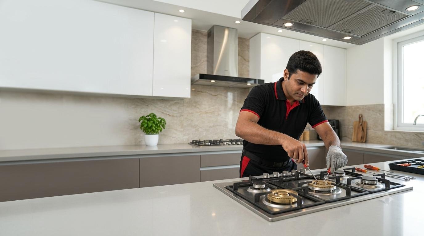 Professional technician repairing gas stove in modern kitchen - Zuni Stove Care